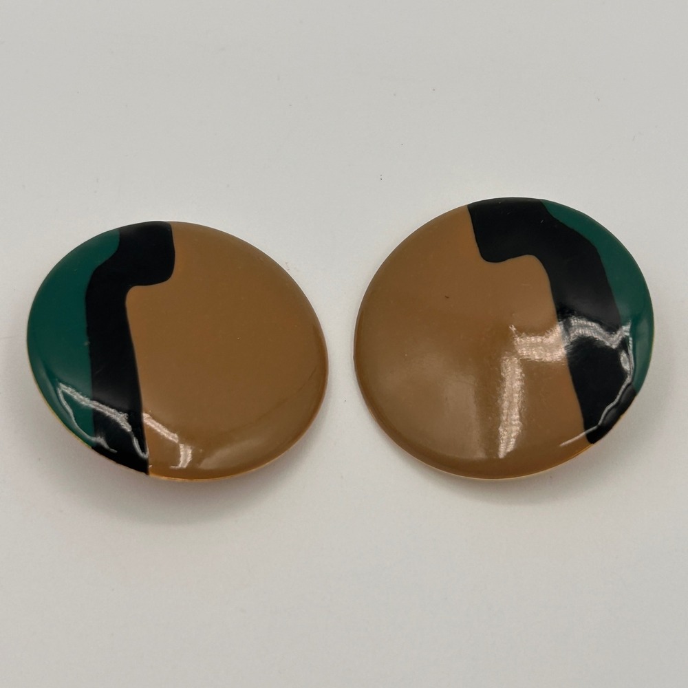 Vintage 80s Abstract Enamel Clip On Earrings Tan Green Black Gold Tone Oversized